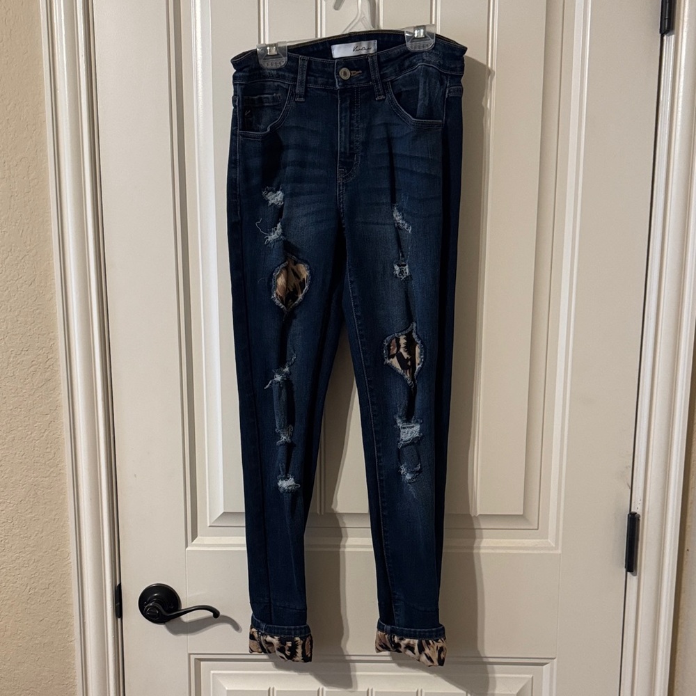 KanCan Dark Blue Distressed Skinny Jeans with Leopard Cuff